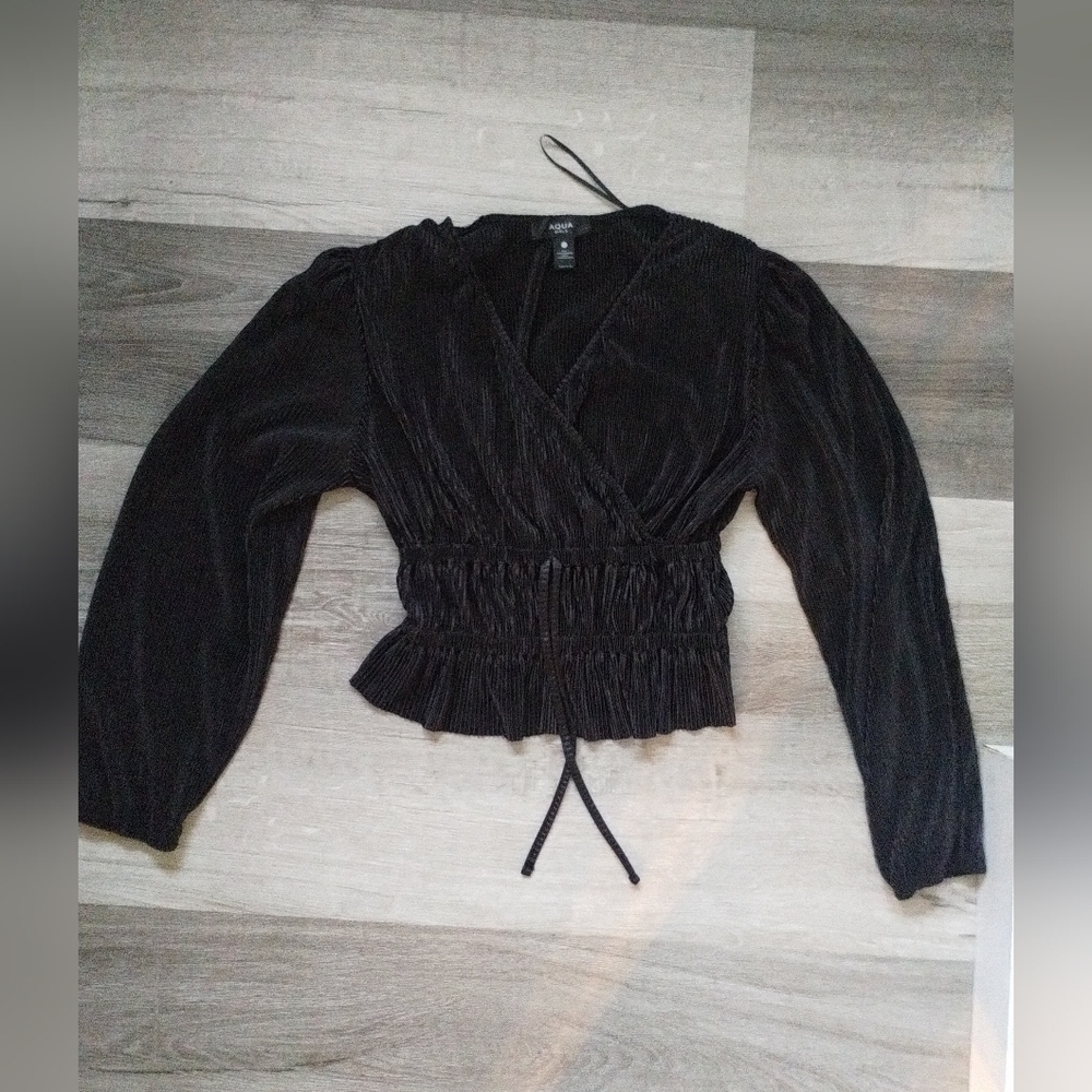 Aqua Black Puff Sleeve Blouse Large